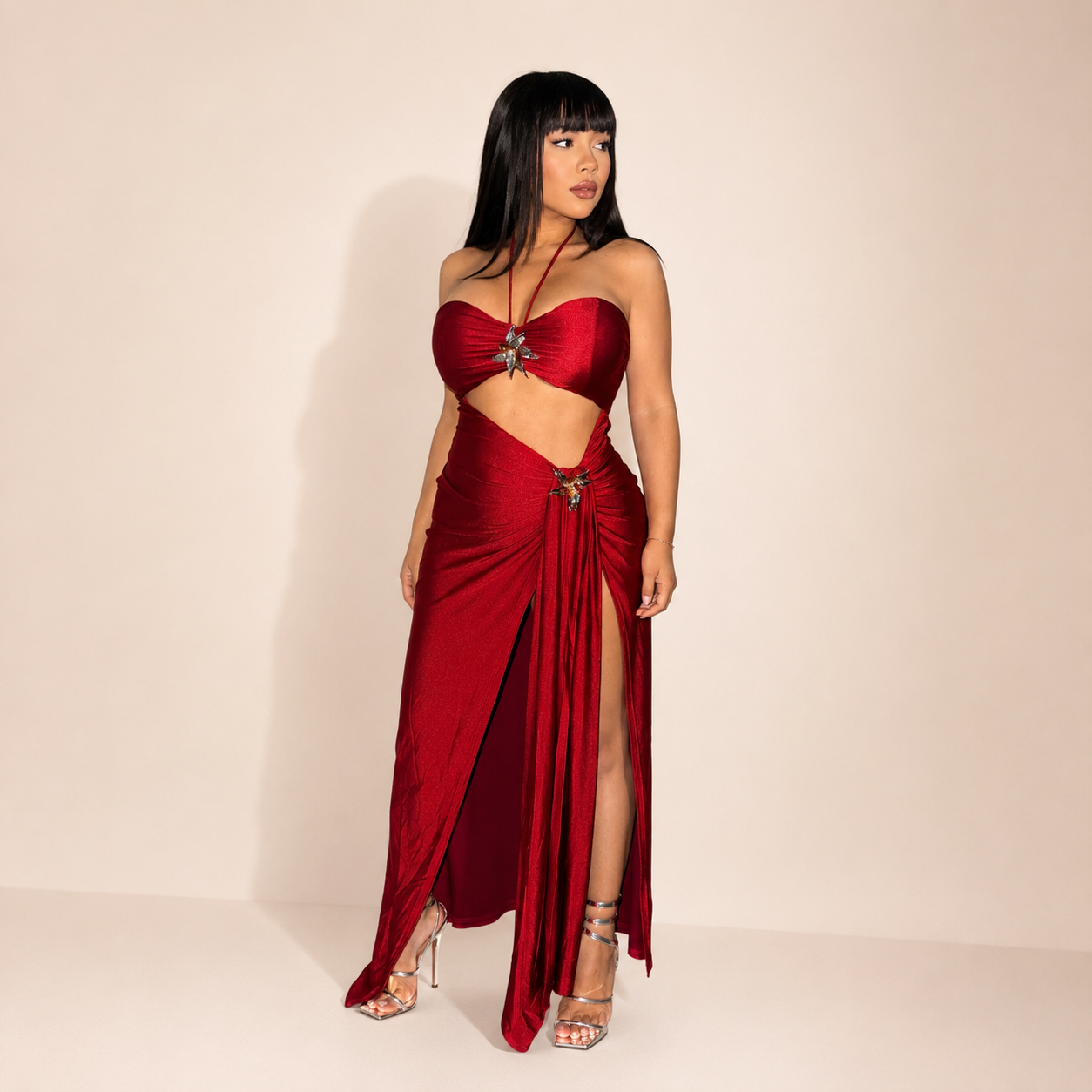 Red Satin Cut-Out Maxi Dress